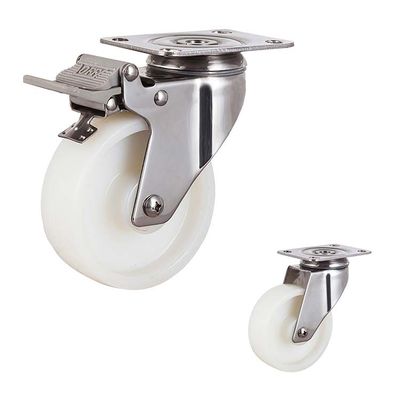 4 Inch White Nylon Solid Bolt Hole Rotating Head Medium Duty 304SS Steel Swivel Casters