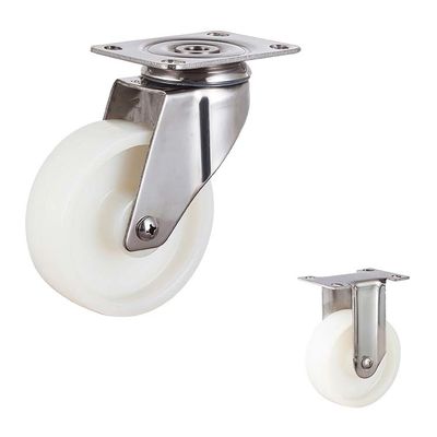 4 Inch White Nylon Solid Bolt Hole Rotating Head Medium Duty 304SS Steel Swivel Casters