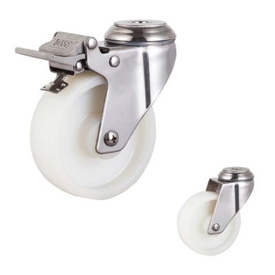 4 Inch White Nylon Solid Bolt Hole Rotating Head Medium Duty 304SS Steel Swivel Casters