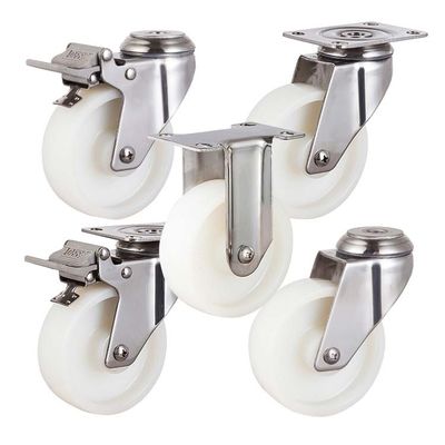 4 Inch White Nylon Solid Bolt Hole Rotating Head Medium Duty 304SS Steel Swivel Casters
