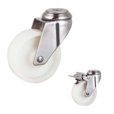 4 Inch White Nylon Solid Bolt Hole Rotating Head Medium Duty 304SS Steel Swivel Casters